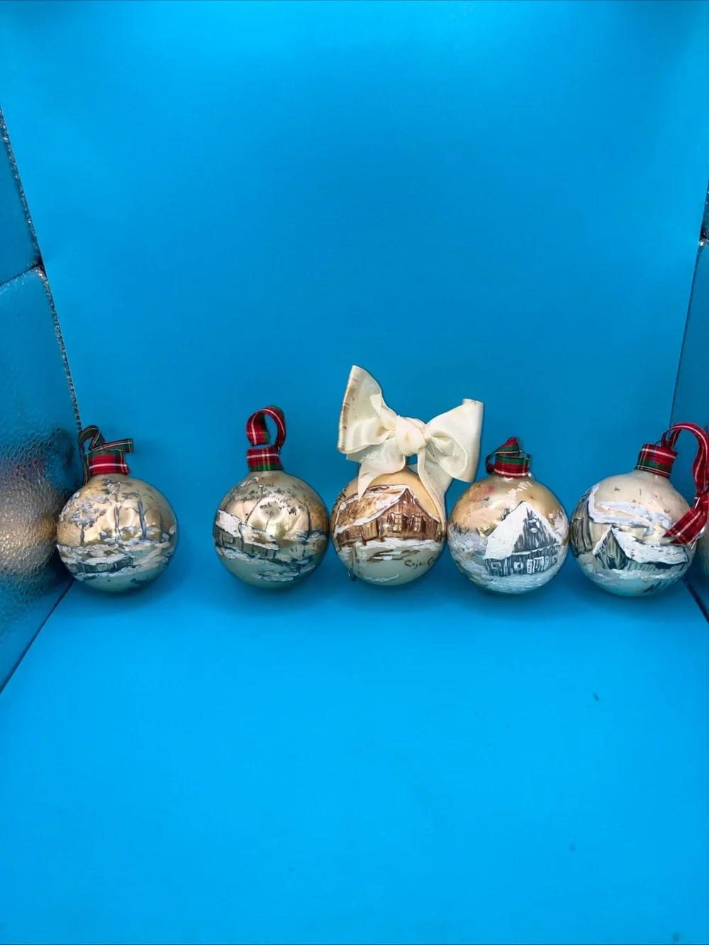 Hand-Painted Gold Holiday Glass Ornaments - Set of 5